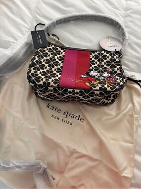 kate spade Black Floral Canvas Shoulder Bag with Red and Pink Stripe NWT
